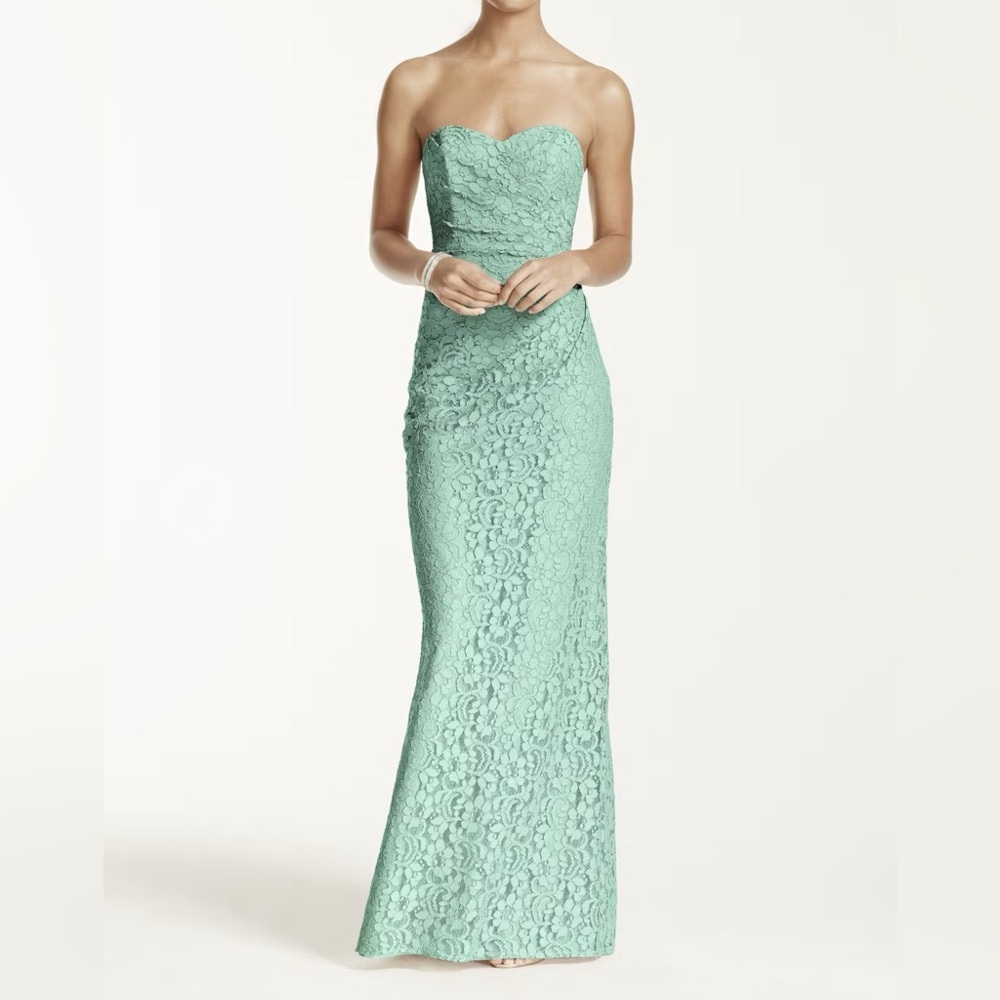 David’s Bridal Long Strapless Lace Dress with Sweetheart Neckline in Mint